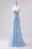 Sky Blue Mermaid Spaghetti Straps Sequins Long Prom Dress with Lace Up Back