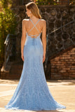 Sky Blue Mermaid Beaded Lace Up Back Long Prom Dress with Sequins