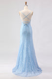 Sky Blue Mermaid Spaghetti Straps Sequins Long Prom Dress with Lace Up Back
