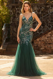 Sparkly Dark Green Sheath Open Back Long Prom Dress with Sequins