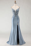 Grey Blue Mermaid Spaghetti Straps Appliqued Satin Long Prom Dress with Slit
