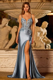 Grey Blue Mermaid Appliqued Spaghetti Straps Long Satin Formal Dress with Slit