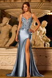 Grey Blue Mermaid Appliqued Spaghetti Straps Long Satin Formal Dress with Slit