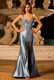 Grey Blue Mermaid Appliqued Spaghetti Straps Long Satin Formal Dress with Slit