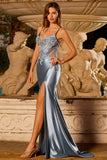 Grey Blue Mermaid Appliqued Spaghetti Straps Long Satin Formal Dress with Slit