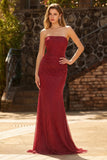 Strapless Red Mermaid Beaded Satin Long Prom Dress