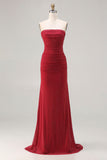 Strapless Red Mermaid Beaded Satin Long Prom Dress