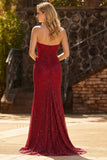 Strapless Red Mermaid Beaded Satin Long Prom Dress