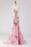 Pink Strapless Mermaid Beaded Corset Sequin Long Prom Dress with Slit