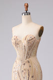 Champagne Mermaid Strapless Beaded Sequin Long Prom Dress with Lace Up Back