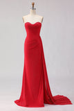Red Mermaid Strapless Beaded Satin Long Prom Dress with Slit