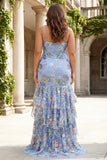 Pink Floral Mermaid Tiered Ruffled Sequin Long Plus Size Prom Dress with Slit