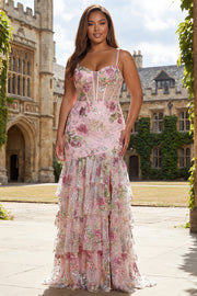 Pink Floral Mermaid Tiered Ruffled Sequin Long Plus Size Prom Dress with Slit