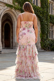 Pink Floral Mermaid Tiered Ruffled Sequin Long Plus Size Prom Dress with Slit