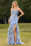 Pink Mermaid Tiered Ruffle Sequin Long Floral Prom Dress with Slit
