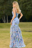 Pink Mermaid Tiered Ruffle Sequin Long Floral Prom Dress with Slit