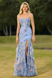 Blue Floral Tiered Ruffle Mermaid Sequin Long Prom Dress with Slit