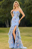 Blue Floral Tiered Ruffle Mermaid Sequin Long Prom Dress with Slit