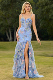 Pink Mermaid Tiered Ruffle Sequin Long Floral Prom Dress with Slit