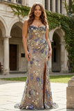 Pink Mermaid Strapless Corset Floral Long Plus Size Prom Dress with Slit