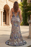 Pink Mermaid Strapless Corset Floral Long Plus Size Prom Dress with Slit