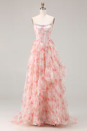 Pink Floral A Line Beaded Strapless Corset Printed Long Prom Dress with Ruffles