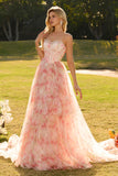 Pink A Line Beaded Strapless Corset Printed Floral Long Prom Dress with Ruffles