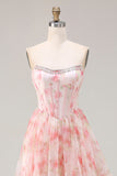 Pink Floral A Line Beaded Strapless Corset Printed Long Prom Dress with Ruffles