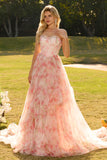 Pink A Line Beaded Strapless Corset Printed Floral Long Prom Dress with Ruffles