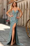 Mermaid Beaded Grey Green Backless Floral Long Prom Dress with Slit