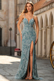 Mermaid Beaded Grey Green Backless Floral Long Prom Dress with Slit