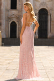 Pink Beaded Floral Mermaid Backless Long Prom Dress with Slit