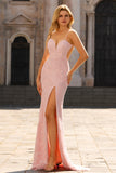 Pink Beaded Floral Mermaid Backless Long Prom Dress with Slit
