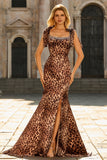 Mermaid Brown Leopard Beaded Strap Bows Printed Long Formal Dress with Slit