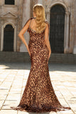 Mermaid Brown Leopard Beaded Strap Bows Printed Long Formal Dress with Slit