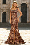 Mermaid Brown Leopard Beaded Strap Bows Printed Long Formal Dress with Slit