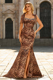 Mermaid Brown Leopard Beaded Strap Bows Printed Long Formal Dress with Slit