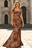 Mermaid Brown Leopard Beaded Strap Bows Printed Long Formal Dress with Slit