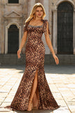 Mermaid Brown Leopard Beaded Strap Bows Printed Long Formal Dress with Slit