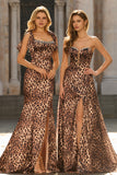 Mermaid Brown Leopard Beaded Strap Bows Printed Long Formal Dress with Slit