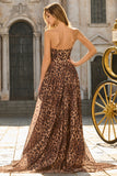 Strapless A-Line Corset Brown Leopard Long Formal Dress with Slit