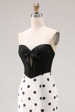 White Black Polka Dots Mermaid Cut Out Satin Long Formal Dress with Bow