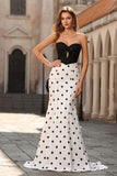 White Black Polka Dots Mermaid Cut Out Satin Long Formal Dress with Bow