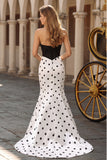 White Black Polka Dots Mermaid Cut Out Satin Long Formal Dress with Bow