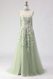 Dusty Sage Embroidered Strapless A-Line Long Formal Dress With Slit