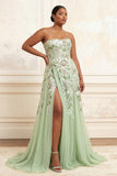 Dusty Sage Strapless A-Line Embroidered Long Prom Dress With Slit