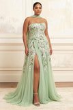 Dusty Sage Strapless A-Line Embroidered Long Prom Dress With Slit