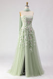 Strapless Dusty Sage A-Line Sequins Embroidered Long Prom Dress with Slit