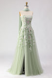 Dusty Sage Embroidered Strapless A-Line Long Formal Dress With Slit