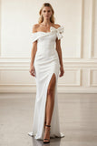 Off The Shoulder White Sheath Wedding Dress With Slit